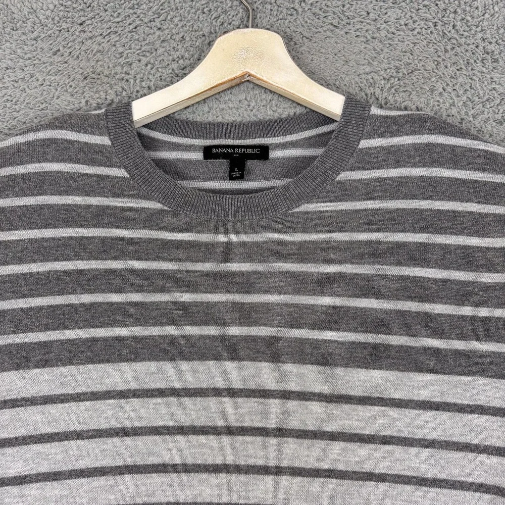Banana Republic Sweater‎ Mens Large Gray Striped Crewneck Pullover Lightweight